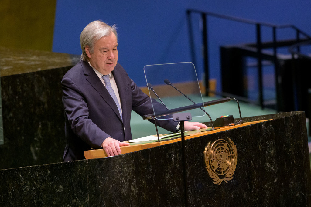 Secretary-General António Guterres addresses the General Assembly on the request for an advisory opinion of the International Court of Justice on the obligations of States in respect of climate change.